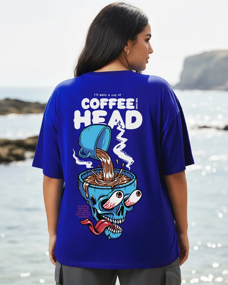 bewakoof Women's Blue Coffee Head Graphic Printed Oversized Plus Size T-shirt